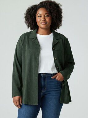 Laura Scott Woman Green Faux Suede Stretch Button Down Blouse/Jacket Size 24W